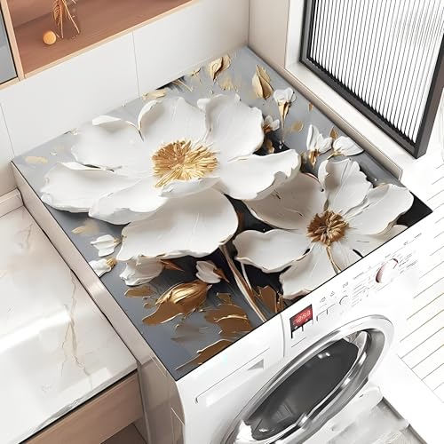 Treer Tappetino per Lavatrice Antiscivolo Assorbente, Copertura per Lavatrice Morbido Tappetino Protezione Superiore per Lavatrice, Asciugatrice e Frigorifero (60x60cm,Due Fiori)