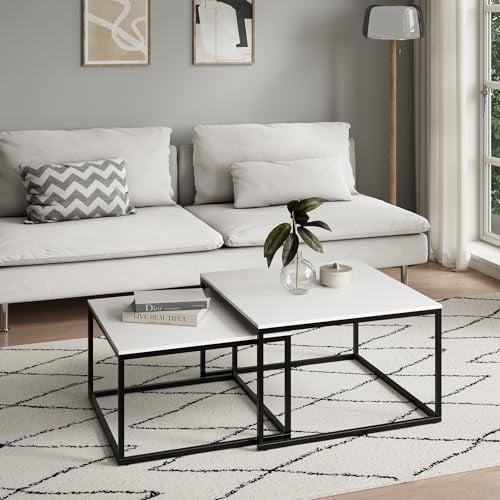 Couchtisch 2er Set quadratisch weiß aus Holz, Wohnzimmertisch Modern, Beistelltisch Set 2 in 1 mit Metallgestell für Wohnzimmer Büro Beistelltisch Loft Design Twin, Kratzfeste Oberfläche