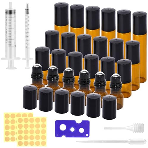 DYMHQ 24 Stück Braunglasflasche Roller Set, 2ml/3ml/5ml/10ml Glasflaschen Glasroller, Roll On Flasche mit Edelstahl Roller, Bernstein Glas Rolle Flaschen mit Spritze, Rollerflasche für Ätherische ÖLe