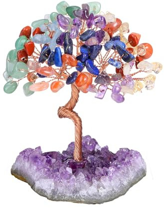 JOVIVI Feng Shui Albero di Cristallo Soprammobile con Grappolo Ametista 7 Chakra Albero della Vita Portafortuna con Tronco Curvo in Pietre Naturali Albero Decorativo Casa Interni Guarigione - 7 Chakra