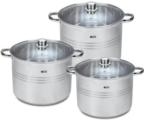 AKH HOUSEWARE Stock Pot Casserole Dish Cooking Pot with Lid Set of 3 11.1/13.5 &16.2 Litre- Large Heavy Duty Stainless Steel Stockpot with Lid & Silver Mirror Coated Cookware Set (Set of 3)