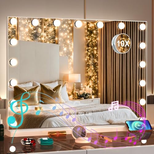 Teousev Schminkspiegel mit Beleuchtung, Bluetooth Hollywood Spiegel mit 17 LED-Glühbirnen, Dimmbarer Schminkspiegel für Make-Up, 60x50cm