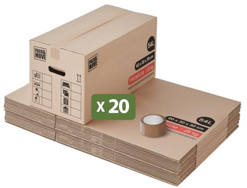 Pack And Move - Lot 20 Cartons Déménagement Premium - 60 X 30 X 30 Cm - Extrême Résistance 30 KG - Réutilisables - Double Épaisseur - Poignées Renforcées - 1 Adhésif Offert
