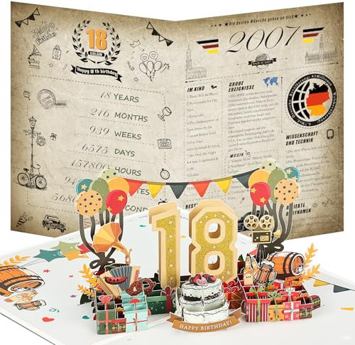 Joyoldelf 18. Geburtstagskarte, 2007 Jahrgang Zeitung Geburtstag Karte, 3D Pop Up Grußkarten mit Umschlag, Vintage Geburtstag Geschenke für Mann und Frau