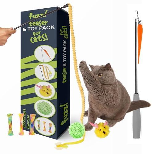 Fuzzl Cat Toy & Cat Teaser Pack of 5 Gift Pack Interactive Cat Toys Including Retractable Worm Teaser, Duck Infused with Catnip, Mouse Toy, Ball and Teaser Tubes