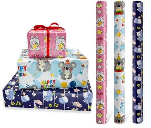 3 Rollen 43 cm x 3 m Geschenkpapier zum Geburtstag, recycelbares Geschenkpapier, bedruckt mit Koala, Katze und Kaninchen, geeignet als Geburtstagsgeschenkdekoration für Kinder, Jungen und Mädchen