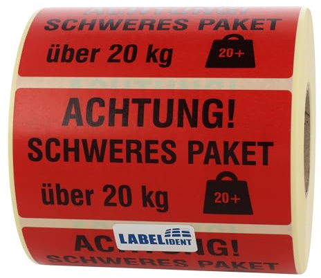 Labelident Warnetiketten 100 x 50 mm - Schweres Paket Aufkleber Achtung! Schweres Paket über 20 kg - 1.000 Versandaufkleber auf 1 Rollen, Papier selbstklebend