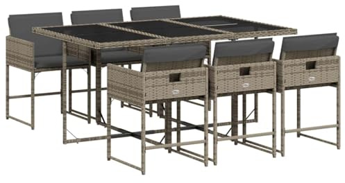 vidaXL 7-TLG. Garten-Essgruppe mit Kissen Grau Poly Rattan
