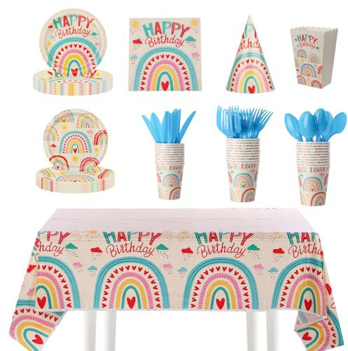 HAI.R.J 91Pcs Retro Rainbow Birthday Party Set - Disposable Tableware for 10 Guests, Plates, Cups, Napkins, Tablecloth & Banner - Fun Colorful Design for Kids - Party Decorations
