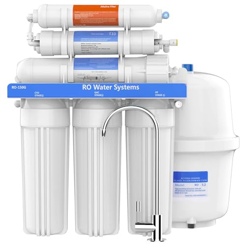 RO-150 6-stufiges Umkehrosmose System mit Alkaline pH+ Filter | 150 GPD hoher Durchfluss | Bleifreier Wasserhahn & lebensmittelgeeignete Materialien | Für Küche, Haushalt & reines Trinkwasser