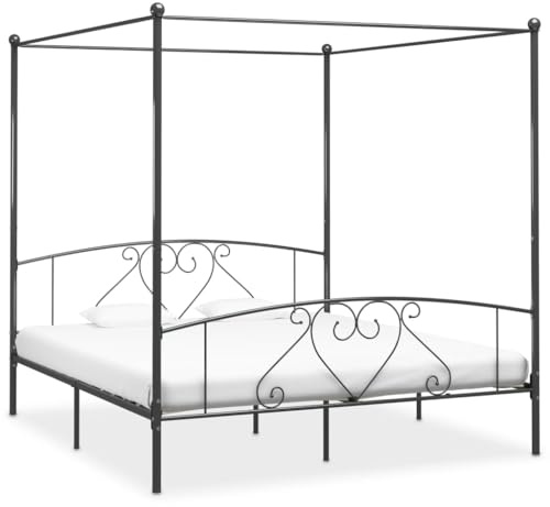 QJBSAVVA Himmelbett Gestell 180x200 Grau Metall Modernes Design Robustes Doppelbettgestell mit Vorhangstange für Schlafzimmer Jugendzimmer Gästezimmer