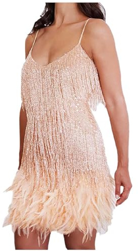Generisch Pailettenkleider FüR Damen Damen Abendkleid mit doppeltem tiefem V-Ausschnitt, sexy Sling-Kleid, Quaste, Pailletten, Federkleid