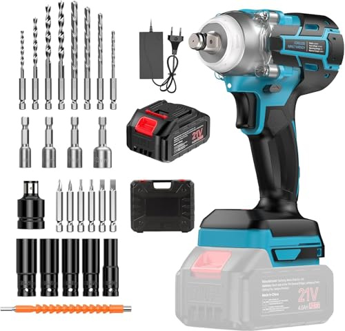 Boulonneuse à chocs sans fil compatible batterie Makita 18V, sans balais 300 Nm, entraînement 1/2, batterie 21V 4,0 Ah, pour changement de pneus automobiles et montages, chargeur rapide et kit