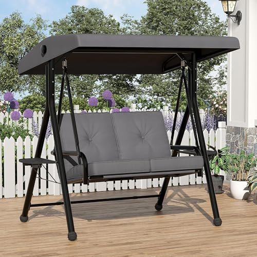Garvee Hollywood Swing a 2 Posti Tettuccio Parasole Regolabile Struttura Portante Altalena Giardino Cuscino Rimovibile Portabicchieri Tavolo Pieghevole Idrorepellente Patio, Giardino Fino a 280 kg