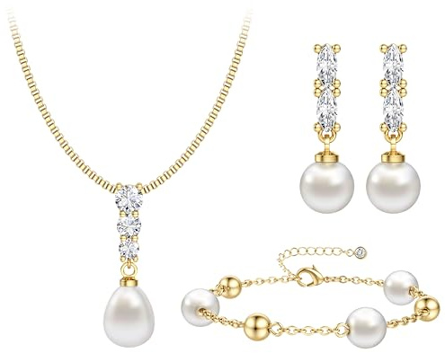 SLLAISS Brautschmuck Set Damen mit Perlen und 5A Zirkonia Hypoallergene | Brautschmuck Und Schmuckset Gold mit 925 Silber Perlenohrringen, Halskette, Armband Und 5A Zirkonia, 18K Vergoldetes