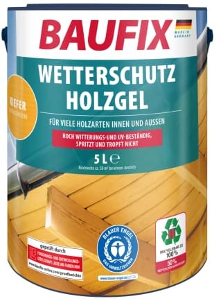 BAUFIX Wetterschutz-Holzgel kiefer, seidenglänzend, 5 Liter, Holzlasur, tropfgehemmte Holzlasur, für alle Holzarten, witterungsbeständig
