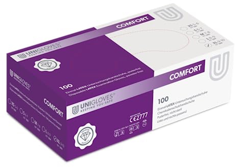 UNIGLOVES - Robuster COMFORT® Latexhandschuh | Puderfrei | Innen & Außen chloriniert | Extra griffig dank mirkrogeraute Handfläche | 100 Stück | Einmalhandschuh XL