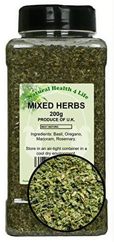 Natural Health 4 Life Mixed Herbs 200 g – Dried Basil, Oregano, Marjoram & Rosemary Culinary Herb Mix, Gluten-Free & Vegetarian in PET Jar with Shaker Lid