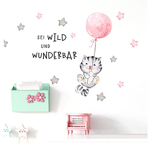 Little Deco Wandbilder Spruch sei wild & Katze I Wandbild S - 85 x 41 cm (BxH) I Luftballon Wandtattoo Aufkleber Kinderzimmer Mädchen Tiere Deko Babyzimmer Kinder DL322