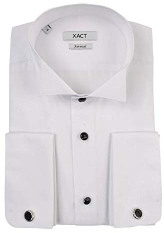 Xact Men's Formal Tuxedo/Dress Shirt with Double Cuff and Cuff Links (White - Wing Collar - Black Buttons) 17 1/2