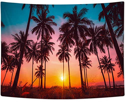 Tropischer Wandteppich, Sonnenuntergang, Strand, Ozean mit Palme, Silhouette, Fantasie-Dämmerung, Wandbehang für Schlafzimmer, Meer, Landschaft, Kunst, Wandteppich, Schlafzimmer, Dekoration, 80x60 cm