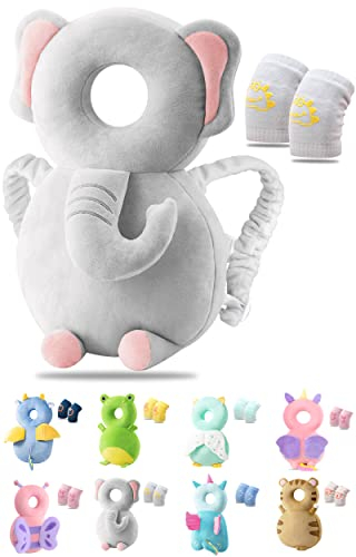 JEJA Baby Kopfschutz, Verstellbare Schutzkissen Baby, Safety Guard Kissen für Kinder 4-24 Monate - Elefant mit Knieschoner Baby Krabbeln
