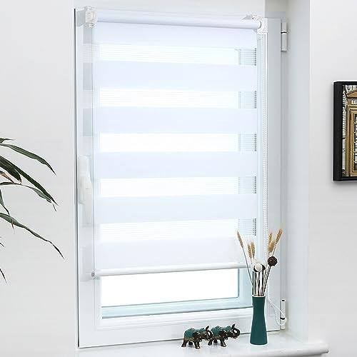 Grandekor Doppelrollo Klemmfix ohne Bohren Weiß 95x110cm(Stoffbreite 91cm) Fenster Rollos für innen Klemmrollos Duo Rollos für Fenster ohne Bohren mit Bohren Privatschutz UV-Schutz Zebrarollo