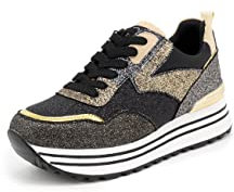 QUEEN HELENA Sneakers con Zeppa Stringate Scarpe da Ginnastica con Lacci Platform Plateau Zeppa Invernali Casual Donna X27-19 (X27-21 Black Gold, Numeric_37)