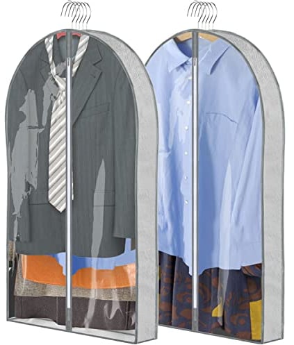 ZSURLUX Garment Bags for Clothes 60 x 100cm 2Pack, Moth Proof Clothes Covers with Zip, Hanging Storage Protector Bags for Wardrobe, Travel, Suitable for Suit, Coat, Jackets, Jumpers,etc. Grey