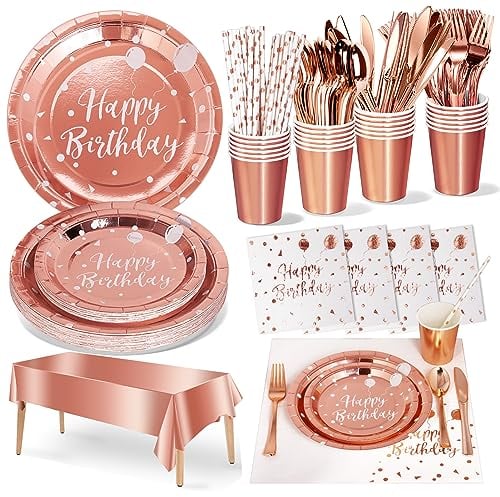 Nkaiso Cumpleaños Vajilla de Fiesta,161 Pcs Oro Rosa Vajilla Set Platos Fiesta Tazas Servilletas Cuchillos Tenedores Cuchara y Mantel, para todo tipo de Fiestas Temáticas -20 invitados
