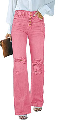 Roskiky Jean pour femme, taille haute, avec trous, extensible, baggy, Glaçage rose, L