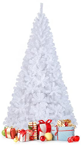 GOPLUS Sapin de Noël Artificiel Blanc 240 cm, Arbre de Nöel avec 1138 Branches, Base en Fer, Feuilles en PVC, Décoration de Noël, Idéal pour Suspendre Guirlande de Lumières et Etoile
