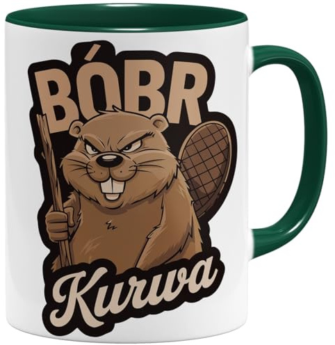 OM3® witzige Kaffee-Tasse mit Spruch - Bobr Kurwa - viral Meme - Beaver - Biber - Bober II - Keramik Becher - 325ml - Beidseitig Bedruckt - Grün