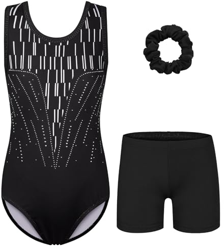 ZNYUNE Turnanzug mädchen Shorts Bunte Funkeln Gymnastik Trikots Farbverlauf Gymnastikanzug für Mädchen Strass B393 BlackWhite 8A