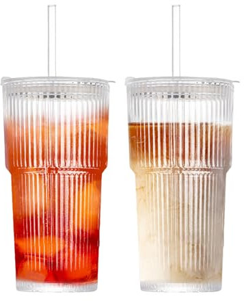 Henrrida 2 PCS 600ml Glass Cups with Lids and Straws,Iced Coffee Cup,Transparent Sealed Glass with Straw and Lid, Cocktail, Matcha Glass,Smoothie Cup 20 OZ