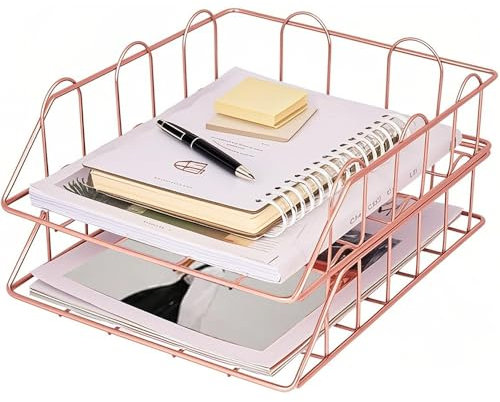 VGECEE 2 Pièces Empilables A4 Porte-Lettres Métal Porte-Documents, Métal Porte-Papier Porte-Papier Porte-Lettres Organisateur de Bureau Casiers de Rangement pour Maison Ecole Bureau, Or Rose