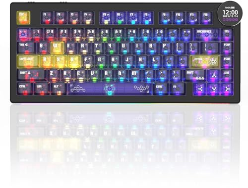 AJAZZ AK820 V2 PRO Wireless Mechanical Keyboard, 75% QWERTY Layout Hot-Swap RGB Gaming Keyboard with Volume Knob and Display, 8K Polling Rate, 2.4G/Type-C/BT, Transparent Keycaps, Black Yellow Purple