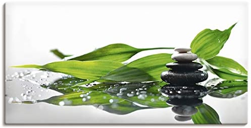 ARTLAND Wanddeko Leinwand Bilder Wandbild 150x75 cm Wellness Zen Stein Fotografie Grün Spa mit Steinen und Bambus S7LT