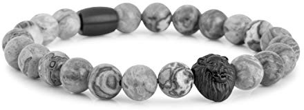 Akitsune Regis Perlenarmband - Armschmuck Damen Herren Beads Löwe - Mattschwarz - Map Stone Weiß - 18cm