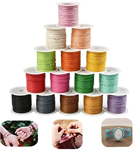 TOKERD 15 Farbe Wachsfaden 1mm Gewachste Baumwollschnur 150m Wachsschnur Polyesterfaden Baumwollkordel 1mm Leder Nähfaden Nylonfaden für Schmuckherstellung DIY Handwerk Machen