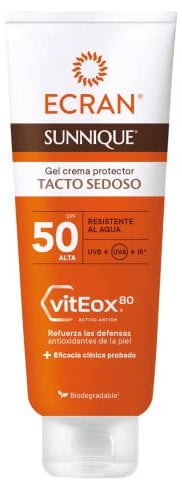 Ecran Sunnique - Gel Crema Protector Solar FPS 50 Tacto Sedoso, Protección Alta UVB + UVA e IR-A, Refuerza las Defensas Antioxidantes De La Piel, Hidratación 24 h, Fórmula con VitEox 80 - 250 ml