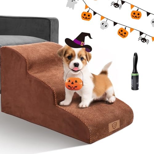 Masthome Escaliers pour Chiens à 3 Marches, Rampe pour Chiens en Éponge Haute Densité, escalier Mousse Chien pour Animaux de Compagnie avec Couvercle Amovible pour Monter Canapé et Lit, Jaune-Brun