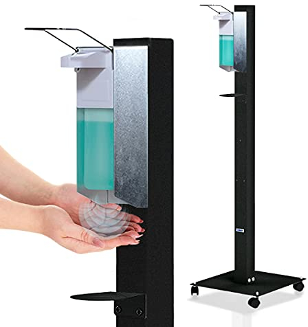 KRIEG Hygienestation mit Auffanschale stehend I Anthrazit I Hygienestation freistehend & mobil I Hygienesäule mit Desinfektionsmittel I 1000 ml - 333 Sprühstöße I Ready to go