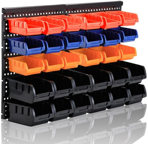 MULSAME Wall Mounted Storage Bins Parts Rack 4 Colors 30PCS Bin Organizer Garage Plastic Shop Tool, Garage Organizers and Storage (Style-Classic)