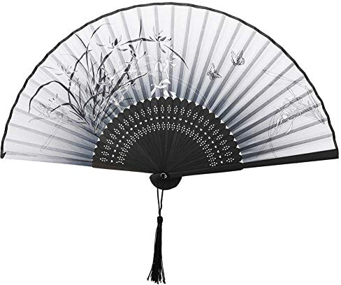 VICKSONGS Handfächer Chinesischer Fächer Bambus Faltfächer für Hochzeit Party Tanzen Deko Geschenk, Retro Klappfächer Wandfächer mit Tasche (Weiße Orchidee)