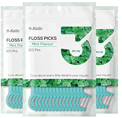 Y-Kelin Dental Floss-300 palillos de dientes con hilo dental para limpieza de dientes (menta, 300 unidades)