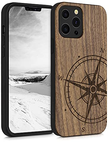 kwmobile Wood Case Compatible with Apple iPhone 13 Pro Max Case - Cover - Navigational Compass Dark Brown