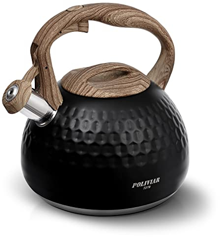 Poliviar Teekessel, Diamond-Black, 2.7L, hörbare Pfeif-Teekanne, lebensmittelechter Edelstahl für Rostschutz, hitzebeständiger Griff, geeignet für alle Herdarten (JX2020-RA30-DE)