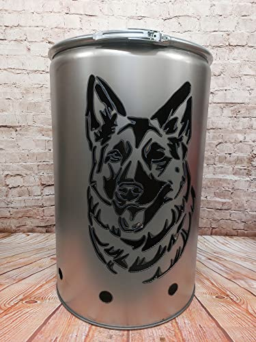 Fuchsbau Feuertonnen Feuertonne mit - Hund - Motiv - Gefertigt aus neuem Ölfass - Besondere Feuerstelle für Garten und Terrasse - Hohe Feuerschale mit Rostoptik - 90 x 60 cm (Schäferhund)
