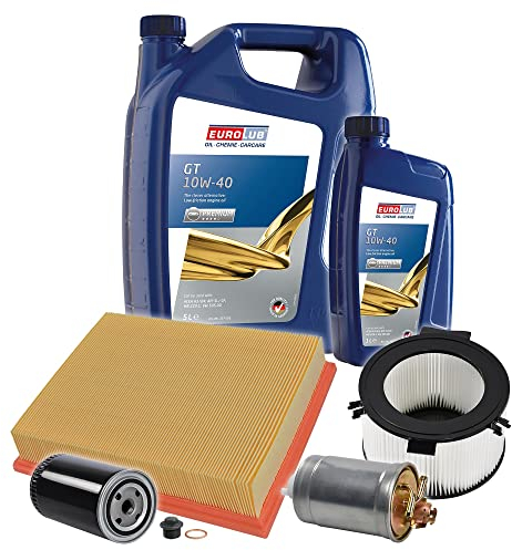 BESTPRICE Inspektionspaket Filterset mit 1x Ölfilter, 1x Kraftstofffilter, 1x Luftfilter, 1x Innenraumfilter (Aktivkohle), 1x Motoröl 10W-40 6 l, Kompatibel mit VW TRANSPORTER T4